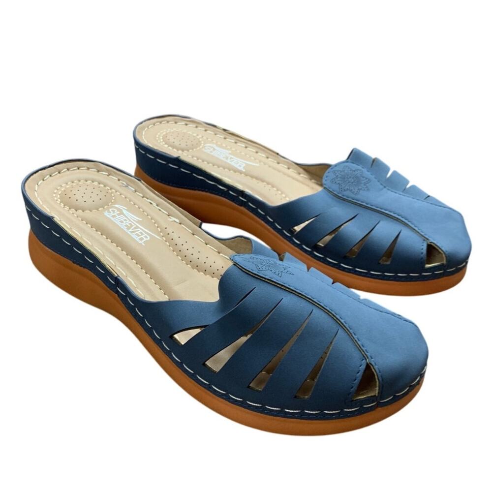 Shibever Womens 7 Blue 1.5" Platform Comfortable Flat Sandals Closed Toe Shoes